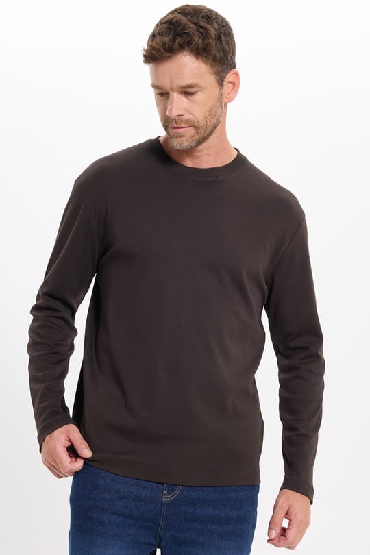 Unisex Relax Fit Rahat Kesim %100 Pamuk Uzun Kollu Bisiklet Yaka Kahverengi Basic Tişört