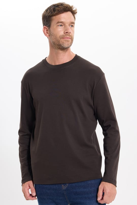 Unisex Relax Fit Rahat Kesim %100 Pamuk Uzun Kollu Bisiklet Yaka Kahverengi Basic Tişört