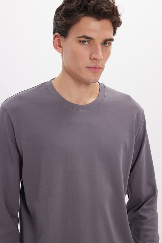 Unisex Relax Fit Rahat Kesim %100 Pamuk Uzun Kollu Bisiklet Yaka Koyu Gri Basic Tişört