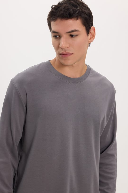 Unisex Relax Fit Rahat Kesim %100 Pamuk Uzun Kollu Bisiklet Yaka Koyu Gri Basic Tişört