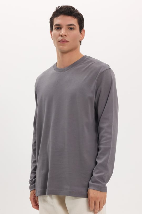 Unisex Relax Fit Rahat Kesim %100 Pamuk Uzun Kollu Bisiklet Yaka Koyu Gri Basic Tişört