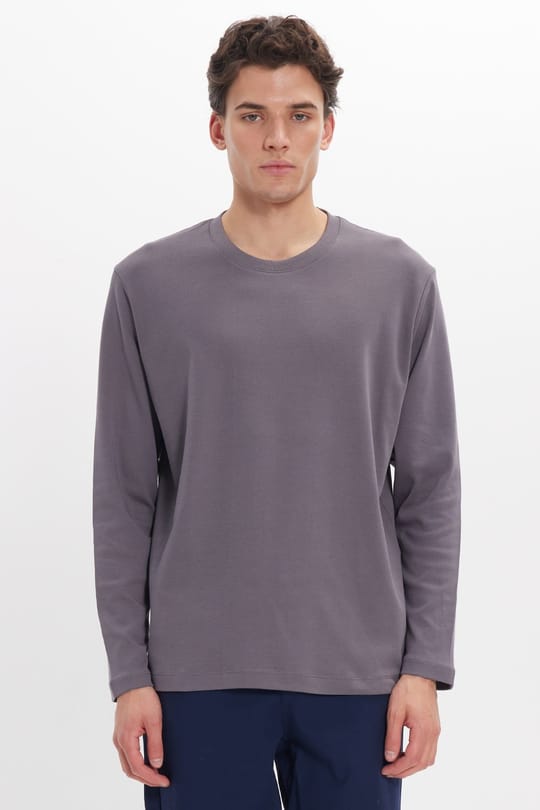 Unisex Relax Fit Rahat Kesim %100 Pamuk Uzun Kollu Bisiklet Yaka Koyu Gri Basic Tişört