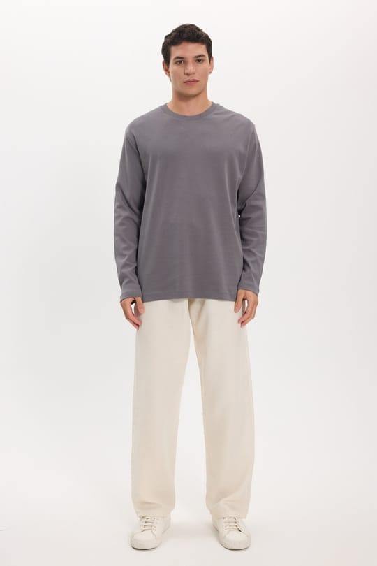 Unisex Relax Fit Rahat Kesim %100 Pamuk Uzun Kollu Bisiklet Yaka Koyu Gri Basic Tişört
