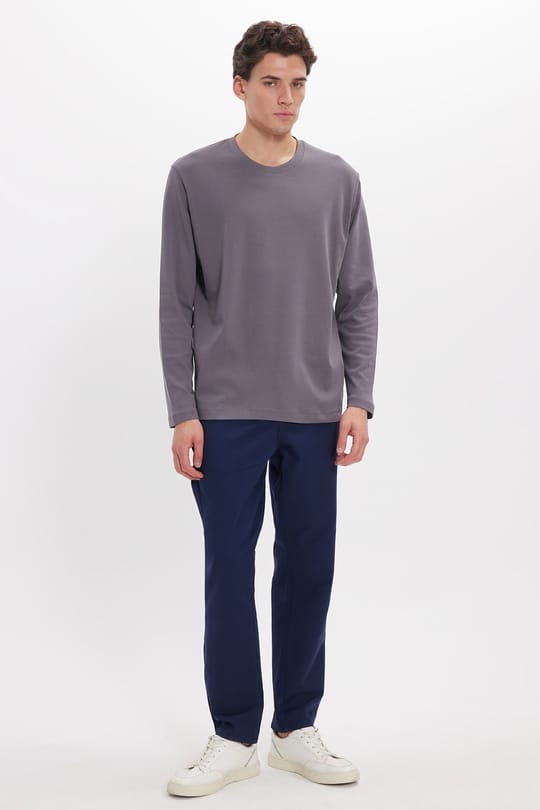 Unisex Relax Fit Rahat Kesim %100 Pamuk Uzun Kollu Bisiklet Yaka Koyu Gri Basic Tişört