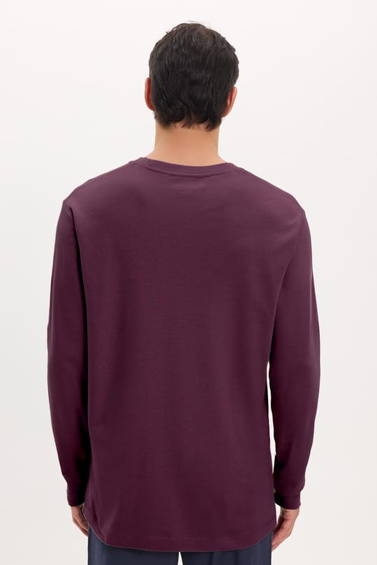 Unisex Relax Fit Rahat Kesim %100 Pamuk Uzun Kollu Bisiklet Yaka Bordo Basic Tişört