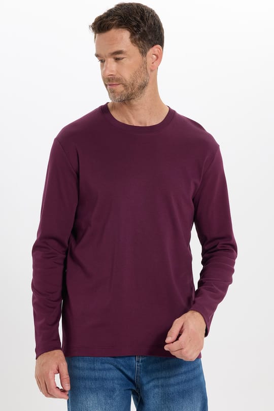 Unisex Relax Fit Rahat Kesim %100 Pamuk Uzun Kollu Bisiklet Yaka Bordo Basic Tişört