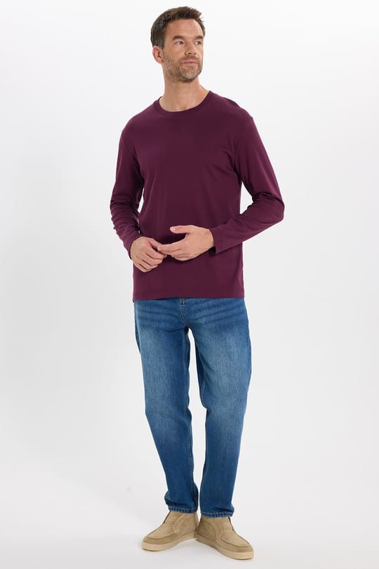 Unisex Relax Fit Rahat Kesim %100 Pamuk Uzun Kollu Bisiklet Yaka Bordo Basic Tişört
