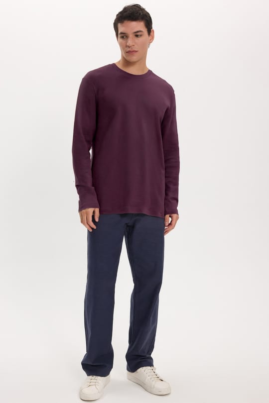 Unisex Relax Fit Rahat Kesim %100 Pamuk Uzun Kollu Bisiklet Yaka Bordo Basic Tişört