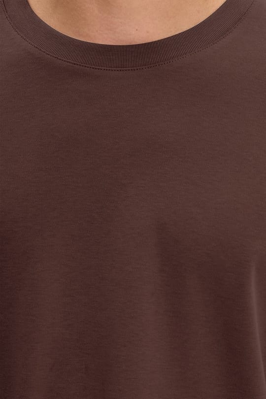 Unisex Relax Fit Rahat Kesim %100 Pamuk Uzun Kollu Bisiklet Yaka Kahverengi Basic Tişört