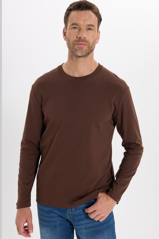 Unisex Relax Fit Rahat Kesim %100 Pamuk Uzun Kollu Bisiklet Yaka Kahverengi Basic Tişört