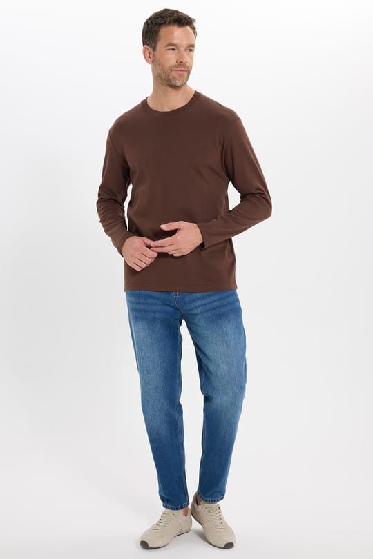 Unisex Relax Fit Rahat Kesim %100 Pamuk Uzun Kollu Bisiklet Yaka Kahverengi Basic Tişört