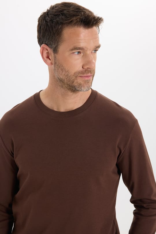 Unisex Relax Fit Rahat Kesim %100 Pamuk Uzun Kollu Bisiklet Yaka Kahverengi Basic Tişört