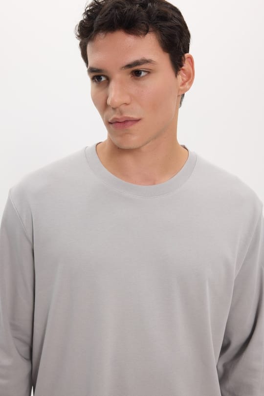Unisex Relax Fit Rahat Kesim %100 Pamuk Uzun Kollu Bisiklet Yaka Gri Basic Tişört