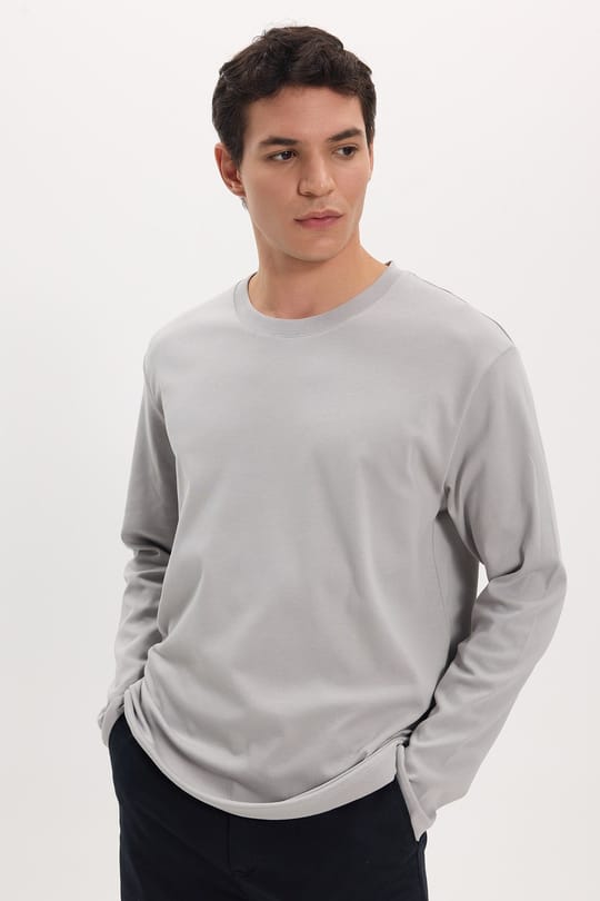 Unisex Relax Fit Rahat Kesim %100 Pamuk Uzun Kollu Bisiklet Yaka Gri Basic Tişört