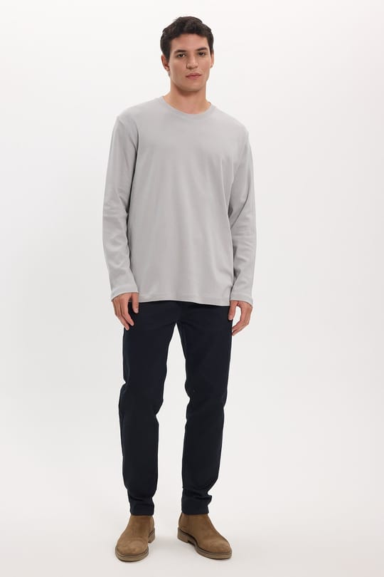 Unisex Relax Fit Rahat Kesim %100 Pamuk Uzun Kollu Bisiklet Yaka Gri Basic Tişört
