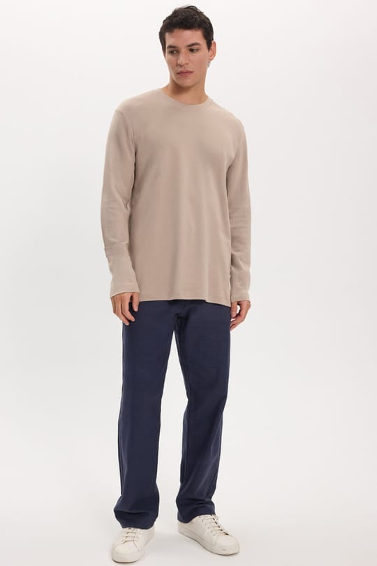 Unisex Relax Fit Rahat Kesim %100 Pamuk Uzun Kollu Bisiklet Yaka Haki Tişört