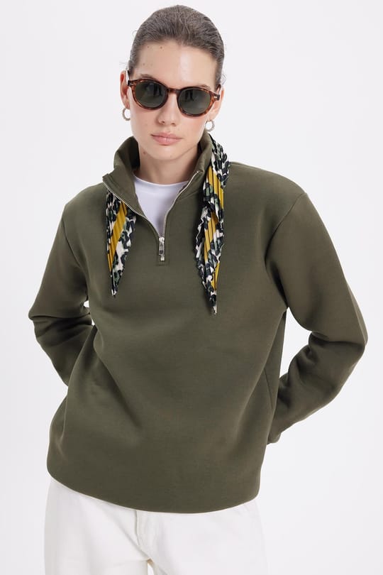 Kadın Relax Fit Rahat Kesim Pamuklu İçi Polarlı Yarım Fermuarlı Yeşil Dik Yaka Sweatshirt