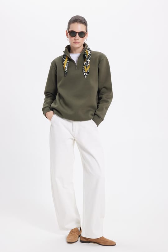 Kadın Relax Fit Rahat Kesim Pamuklu İçi Polarlı Yarım Fermuarlı Yeşil Dik Yaka Sweatshirt