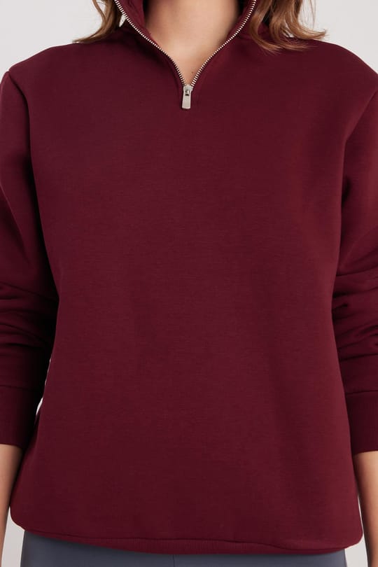 Kadın Relax Fit Rahat Kesim Pamuklu İçi Polarlı Yarım Fermuarlı Bordo Dik Yaka Sweatshirt