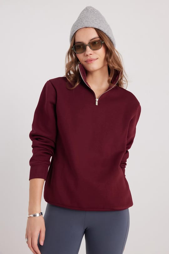 Kadın Relax Fit Rahat Kesim Pamuklu İçi Polarlı Yarım Fermuarlı Bordo Dik Yaka Sweatshirt