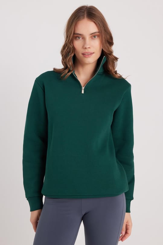 Kadın Relax Fit Rahat Kesim Pamuklu İçi Polarlı Yarım Fermuarlı Haki Dik Yaka Sweatshirt