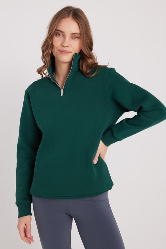 Kadın Relax Fit Rahat Kesim Pamuklu İçi Polarlı Yarım Fermuarlı Haki Dik Yaka Sweatshirt