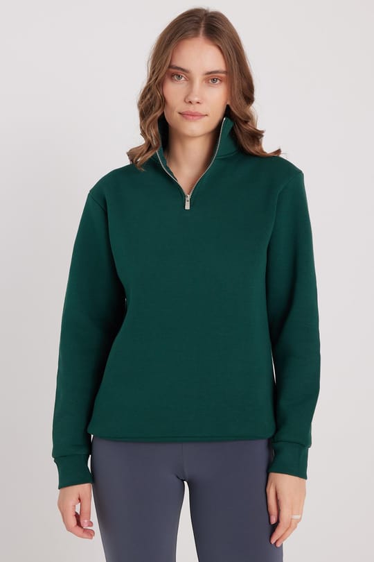Kadın Relax Fit Rahat Kesim Pamuklu İçi Polarlı Yarım Fermuarlı Haki Dik Yaka Sweatshirt