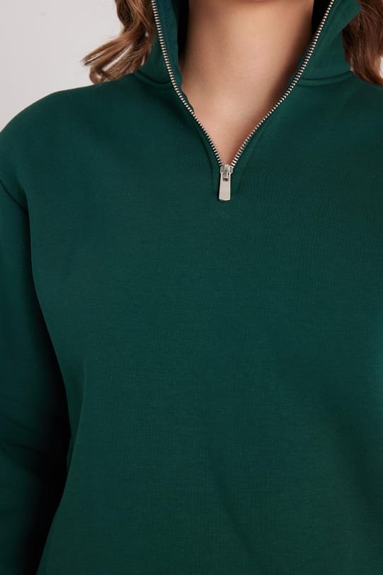 Kadın Relax Fit Rahat Kesim Pamuklu İçi Polarlı Yarım Fermuarlı Haki Dik Yaka Sweatshirt