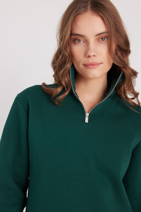 Kadın Relax Fit Rahat Kesim Pamuklu İçi Polarlı Yarım Fermuarlı Haki Dik Yaka Sweatshirt