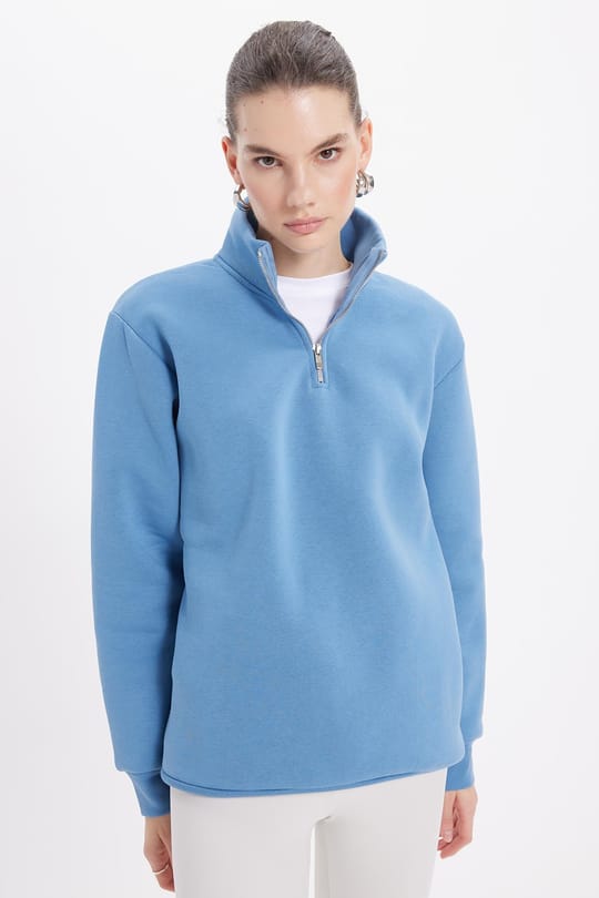Kadın Relax Fit Rahat Kesim Pamuklu İçi Polarlı Yarım Fermuarlı Mavi Dik Yaka Sweatshirt