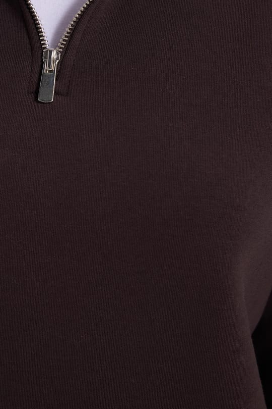 Kadın Relax Fit Rahat Kesim Pamuklu İçi Polarlı Yarım Fermuarlı Kahverengi Dik Yaka Sweatshirt