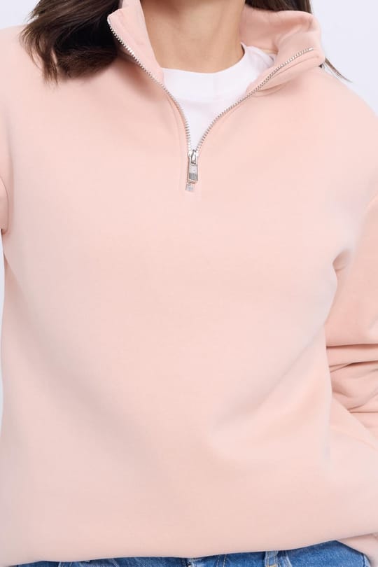 Kadın Relax Fit Rahat Kesim Pamuklu İçi Polarlı Yarım Fermuarlı Somon Dik Yaka Sweatshirt