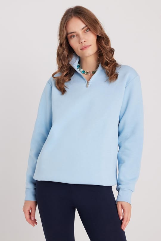 Kadın Relax Fit Rahat Kesim Pamuklu İçi Polarlı Yarım Fermuarlı Mavi Dik Yaka Sweatshirt