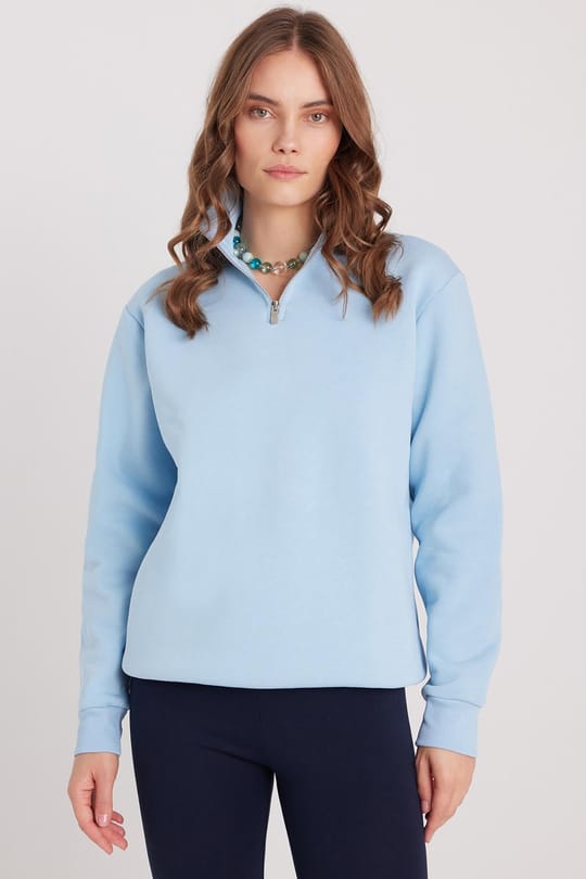 Kadın Relax Fit Rahat Kesim Pamuklu İçi Polarlı Yarım Fermuarlı Mavi Dik Yaka Sweatshirt
