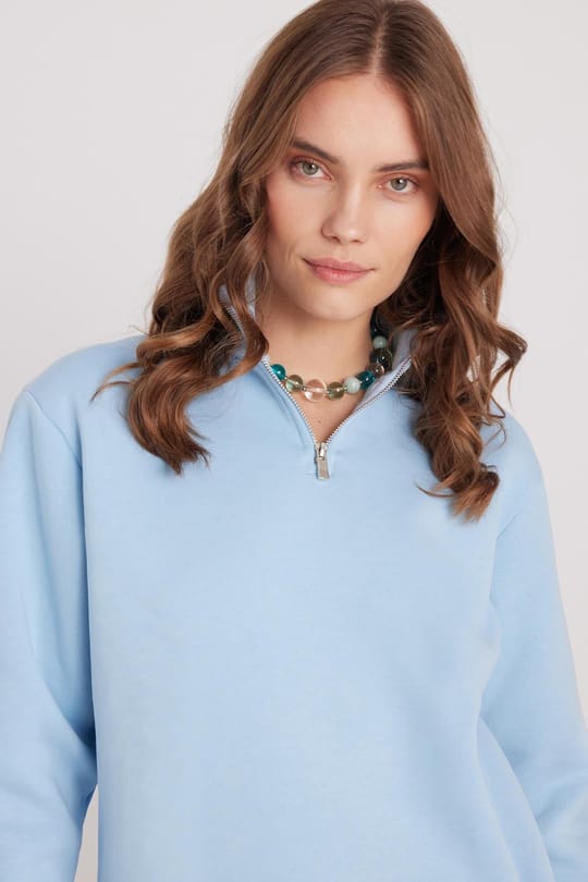 Kadın Relax Fit Rahat Kesim Pamuklu İçi Polarlı Yarım Fermuarlı Mavi Dik Yaka Sweatshirt