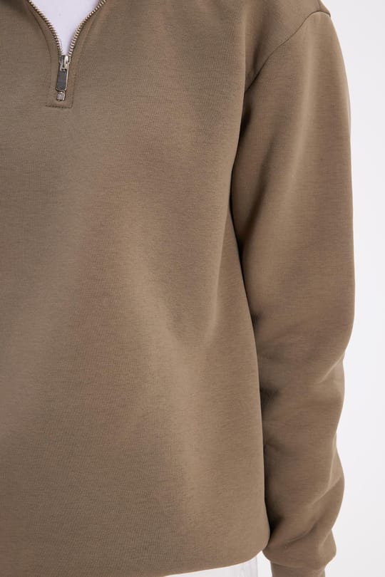 Kadın Relax Fit Rahat Kesim Pamuklu İçi Polarlı Yarım Fermuarlı Haki Dik Yaka Sweatshirt
