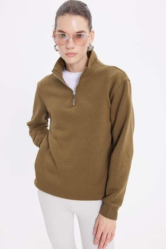 Kadın Relax Fit Rahat Kesim Pamuklu İçi Polarlı Yarım Fermuarlı Yeşil Dik Yaka Sweatshirt