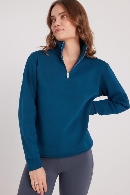Kadın Relax Fit Rahat Kesim Pamuklu İçi Polarlı Yarım Fermuarlı İndigo Dik Yaka Sweatshirt