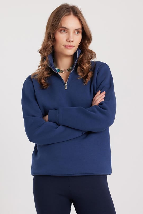 Kadın Relax Fit Rahat Kesim Pamuklu İçi Polarlı Yarım Fermuarlı Lacivert Dik Yaka Sweatshirt