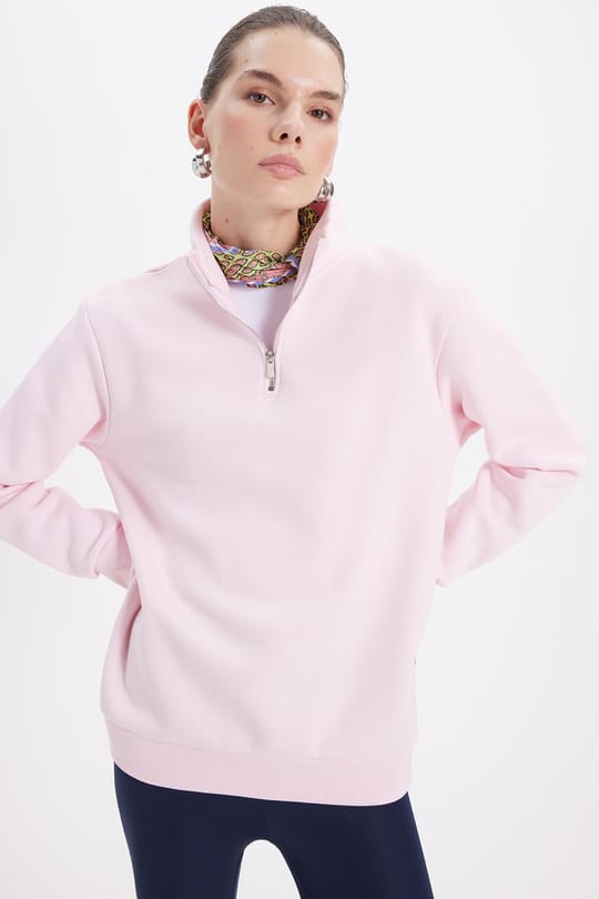 Kadın Relax Fit Rahat Kesim Pamuklu İçi Polarlı Yarım Fermuarlı Pembe Dik Yaka Sweatshirt