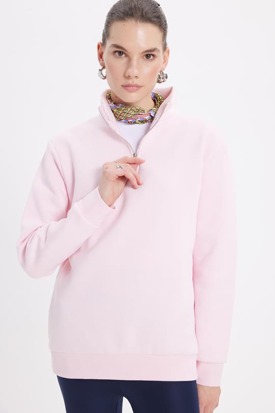 Kadın Relax Fit Rahat Kesim Pamuklu İçi Polarlı Yarım Fermuarlı Pembe Dik Yaka Sweatshirt