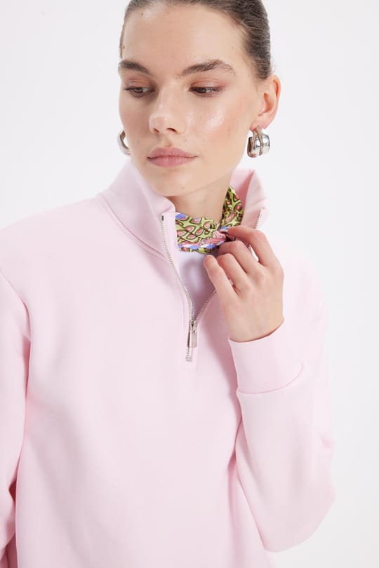 Kadın Relax Fit Rahat Kesim Pamuklu İçi Polarlı Yarım Fermuarlı Pembe Dik Yaka Sweatshirt