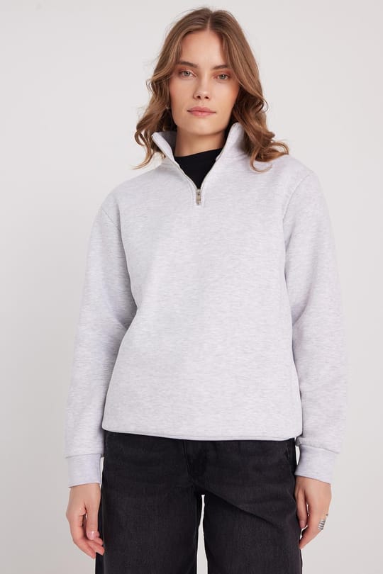 Kadın Relax Fit Rahat Kesim Pamuklu İçi Polarlı Yarım Fermuarlı Gri Dik Yaka Sweatshirt