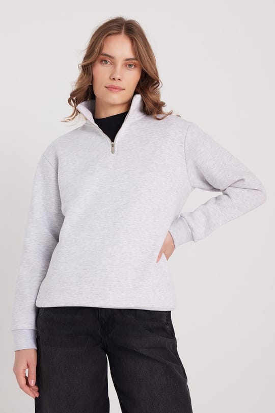 Kadın Relax Fit Rahat Kesim Pamuklu İçi Polarlı Yarım Fermuarlı Gri Dik Yaka Sweatshirt