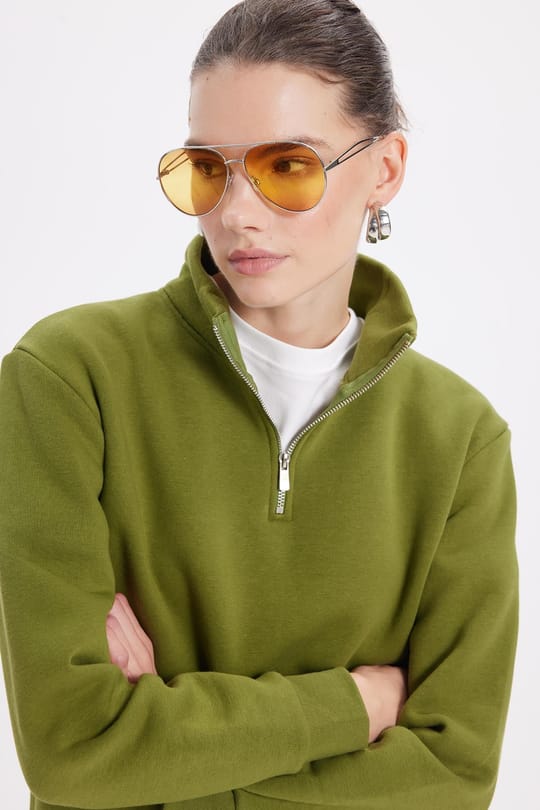 Kadın Relax Fit Rahat Kesim Pamuklu İçi Polarlı Yarım Fermuarlı Haki Dik Yaka Sweatshirt