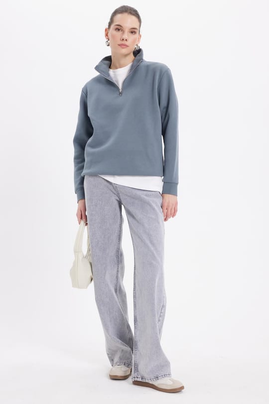 Kadın Relax Fit Rahat Kesim Pamuklu İçi Polarlı Yarım Fermuarlı Gri Dik Yaka Sweatshirt