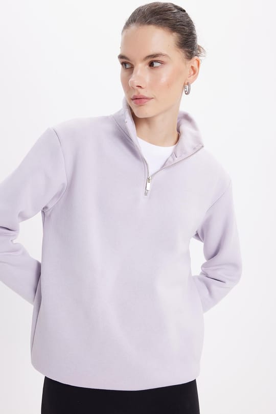 Kadın Relax Fit Rahat Kesim Pamuklu İçi Polarlı Yarım Fermuarlı Lila Dik Yaka Sweatshirt
