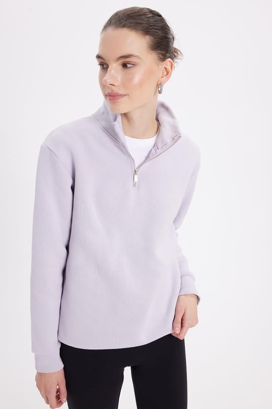 Kadın Relax Fit Rahat Kesim Pamuklu İçi Polarlı Yarım Fermuarlı Lila Dik Yaka Sweatshirt