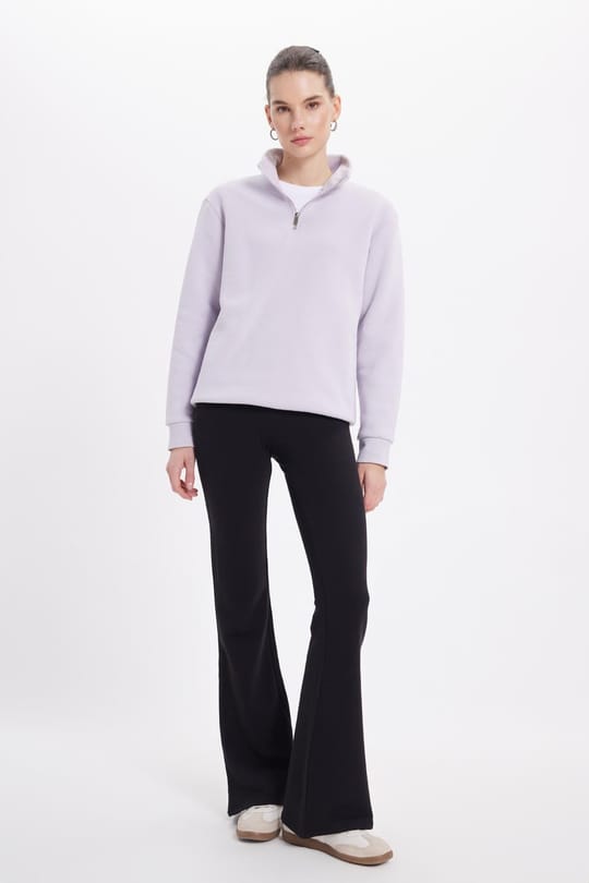 Kadın Relax Fit Rahat Kesim Pamuklu İçi Polarlı Yarım Fermuarlı Lila Dik Yaka Sweatshirt