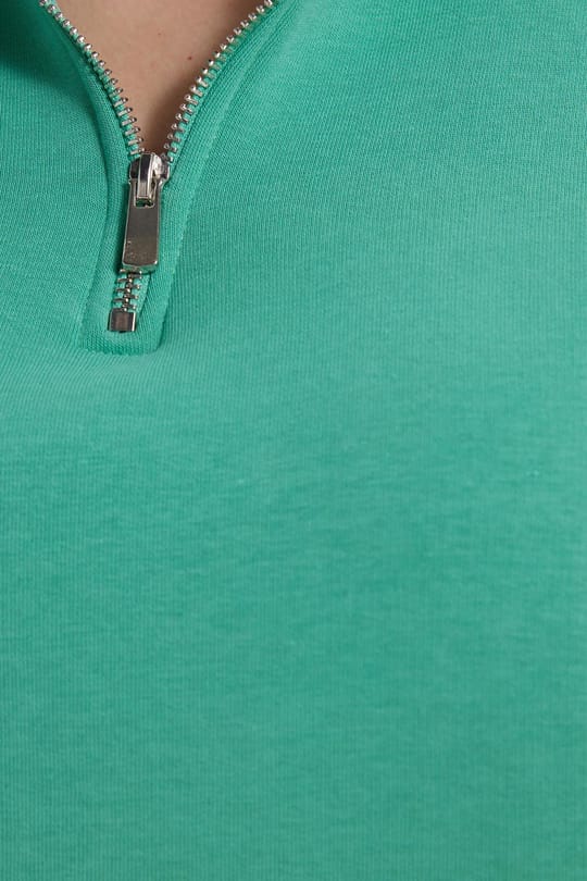 Kadın Relax Fit Rahat Kesim Pamuklu İçi Polarlı Yarım Fermuarlı Yeşil Dik Yaka Sweatshirt